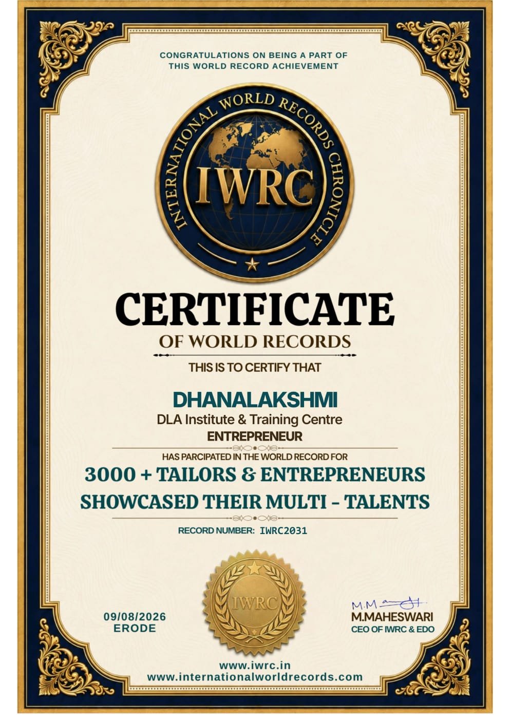 Certificate of World Records - IWRC